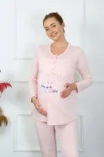 Moda Çizgi Kadın Uzun Kol Hamile Lohusa Pijama Takımı Pudra 45501