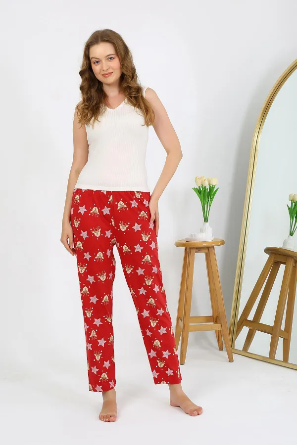 Moda Çizgi Kadın Penye Desenli Tek Alt Pijama 27530 Bordo