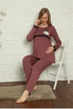 Moda Çizgi Kadın Hamile Lohusa Mürdüm  Pijama Takımı 45201