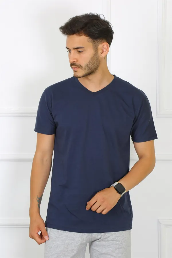 Moda Çizgi Erkek Lacivert %100 Pamuklu T-Shirt 27486