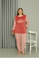 Moda Çizgi Welsoft Polar Kadın Büyük Beden Pudra Pijama Takımı 808040