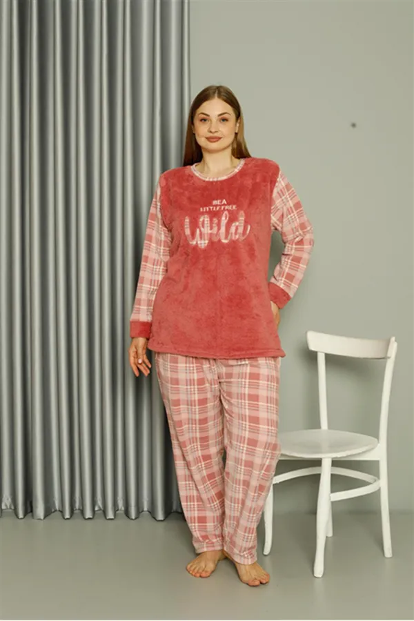 Moda Çizgi Welsoft Polar Kadın Büyük Beden Pudra Pijama Takımı 808040