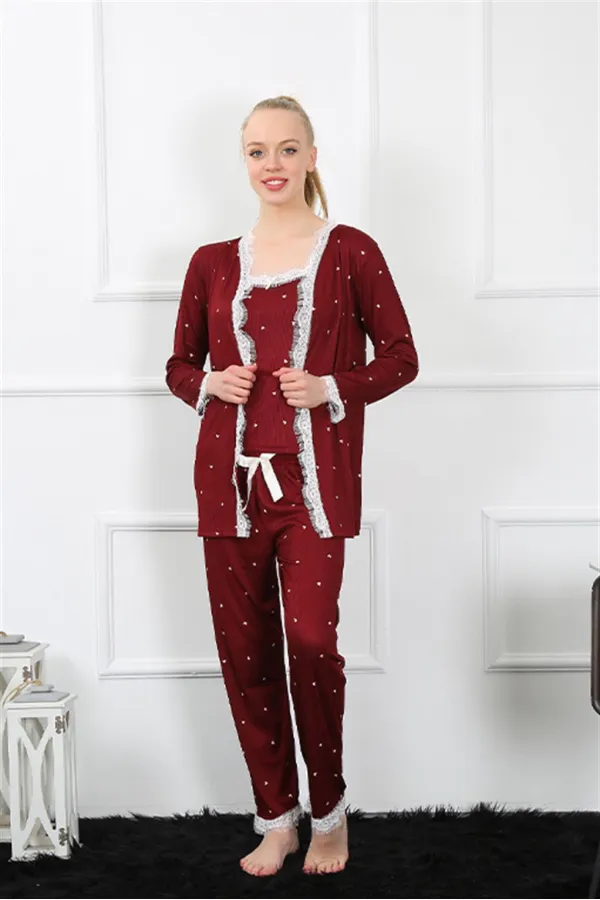 Moda Çizgi Kadın 3lü Bordo Sabahlık Pijama Takım 16103