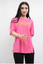 Moda Çizgi Bisiklet Yaka Oversize Tshirt Pembe