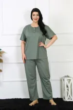 Moda Çizgi Kadın 5XL-6XL-7XL-8XL Büyük Beden Yeşil Kısa Kol Pijama Takım 75012