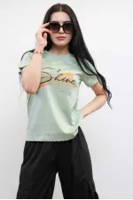 Moda Çizgi Shine Baskılı Tshirt Mint