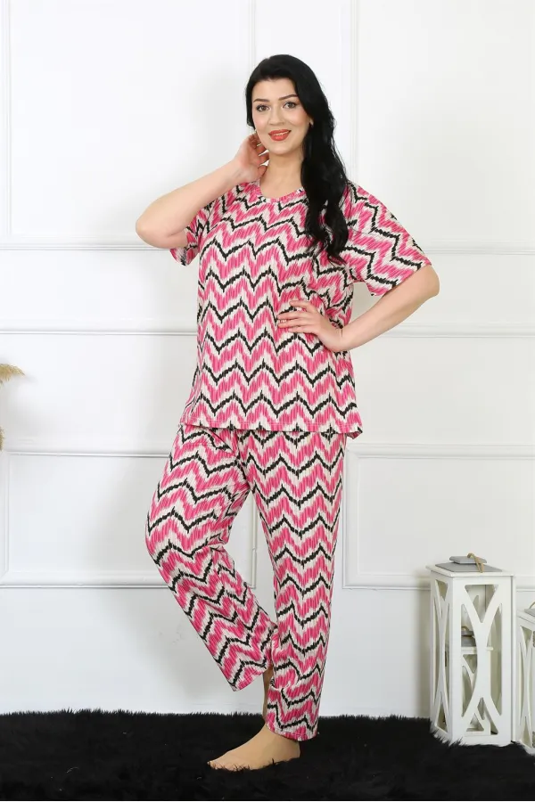 Moda Çizgi Kadın 5XL-6XL-7XL-8XL Büyük Beden Kısa Kol Pijama Takım 75009