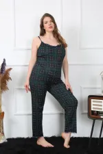 Moda Çizgi Kadın Büyük Beden Yeşil Ekoseli İp Askılı Pijama Takım 202197