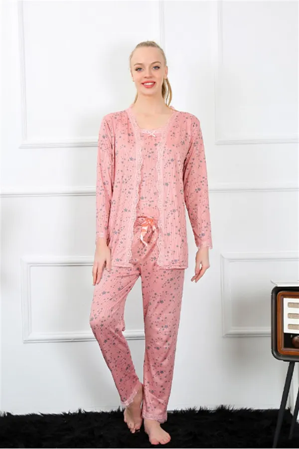 Moda Çizgi Kadın 3lü Gül Kurusu Sabahlık Pijama Takım 16103