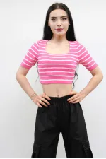 Moda Çizgi Triko Crop Çizgili Pembe