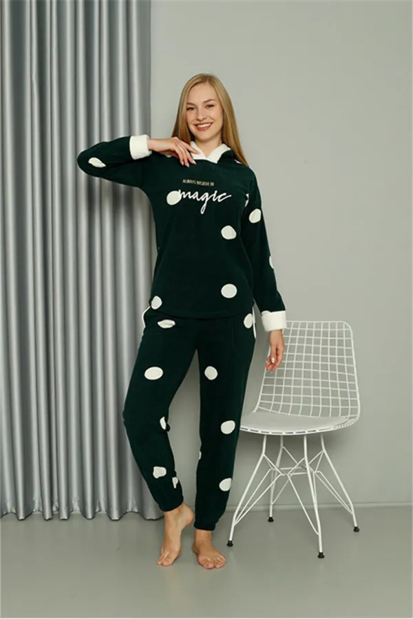 Moda Çizgi Welsoft Polar Kadın Kapşonlu Pijama Takımı 8512