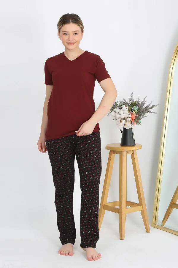 Moda Çizgi Kadın Kısa Kol Pamuk Penye Pijama Takım Bordo 4214