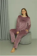 Moda Çizgi Büyük Beden Kadın Kadife Mor Pijama Takım 20628