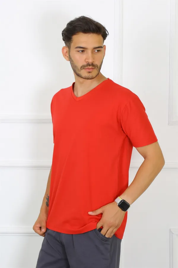 Moda Çizgi Erkek Kırmızı %100 Pamuklu T-Shirt 27486