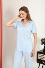 Moda Çizgi Kadın Kısa Kol Pamuk Penye Pijama Takım Mavi 4213