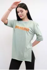 Moda Çizgi Bisiklet Yaka Oversize Tshirt Mint