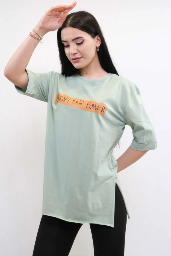 Moda Çizgi Bisiklet Yaka Oversize Tshirt Mint