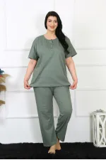 Moda Çizgi Kadın 5XL-6XL-7XL-8XL Büyük Beden Yeşil Kısa Kol Pijama Takım 75012