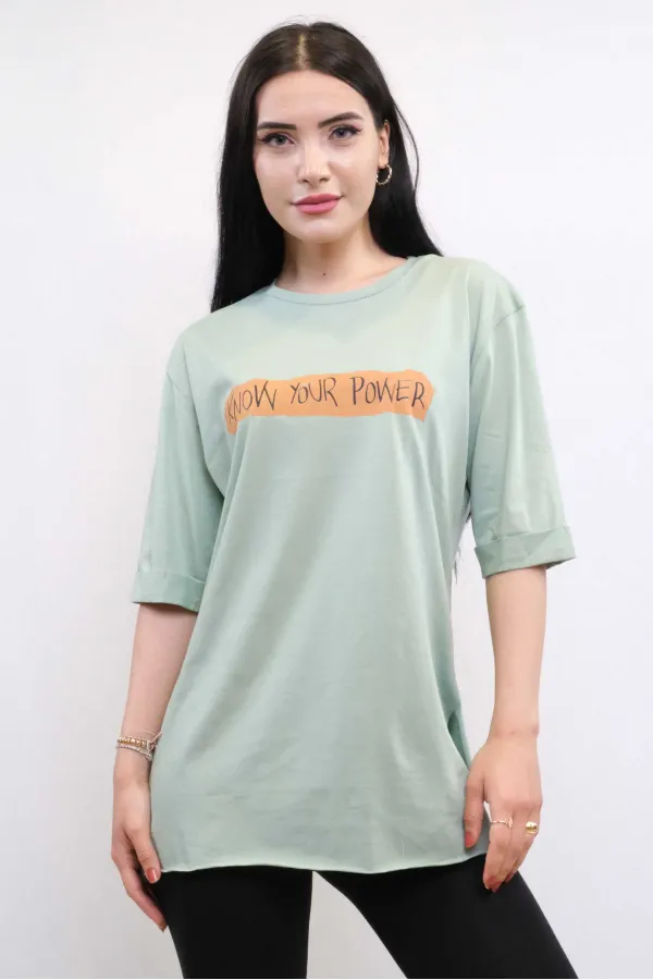 Moda Çizgi Bisiklet Yaka Oversize Tshirt Mint