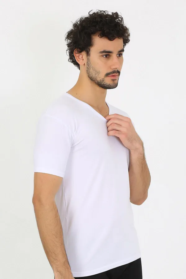 moda çizgi Erkek Likralı V Yaka Beyaz T-Shirt 65700