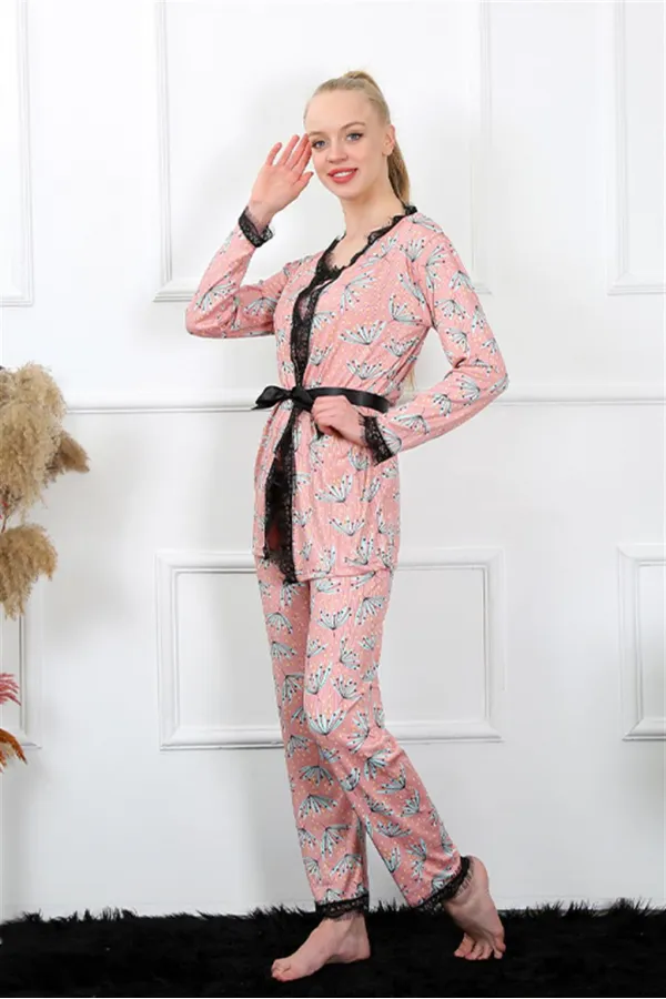 Moda Çizgi Kadın 3lü Somon Sabahlık Pijama Takım 16103