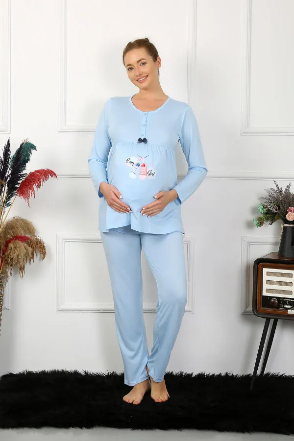 Moda Çizgi Kadın Uzun Kol Hamile Lohusa Pijama Takımı Mavi 45501