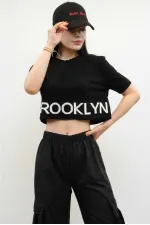 Moda Çizgi Triko Crop Siyah