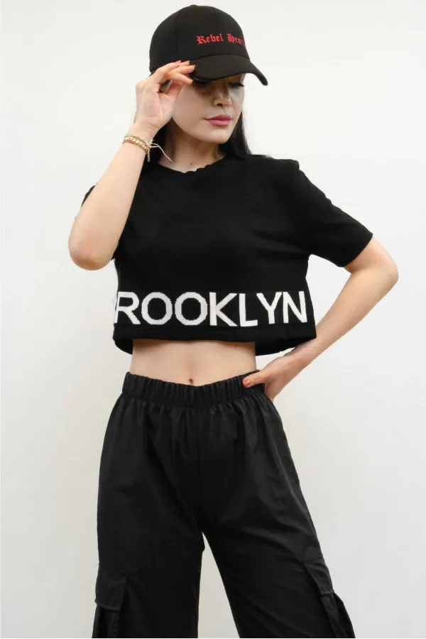 Moda Çizgi Triko Crop Siyah