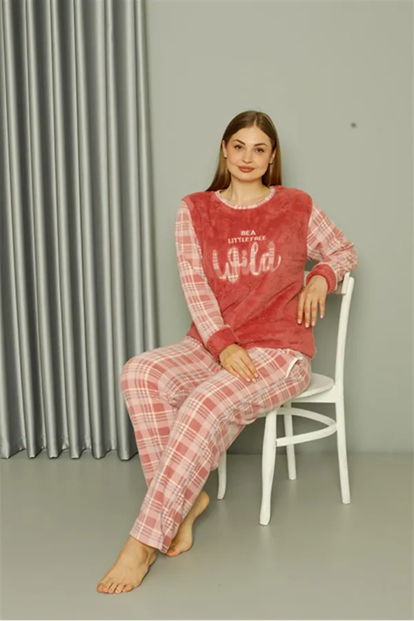 Moda Çizgi Welsoft Polar Kadın Büyük Beden Pudra Pijama Takımı 808040