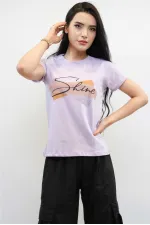 Moda Çizgi Shine Baskılı Tshirt Lila