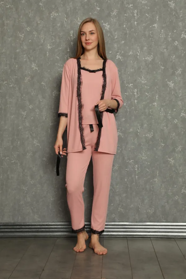 Moda Çizgi Kadın 3lü Sabahlık Pijama Takım 20598