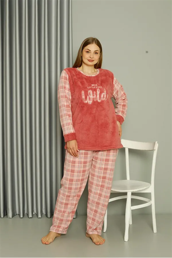 Moda Çizgi Welsoft Polar Kadın Büyük Beden Pudra Pijama Takımı 808040