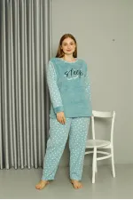 Moda Çizgi Welsoft Polar Kadın Büyük Beden Su Yeşili Pijama Takımı 808046