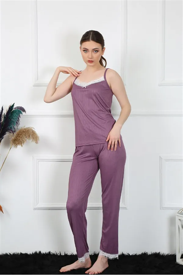 Moda Çizgi Kadın İp Askılı Mürdüm Pijama Takım 4136