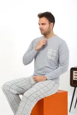 Moda Çizgi Erkek Uzun Kol Penye Gri Pijama Takımı 6861