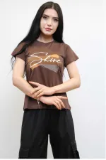 Moda Çizgi Shine Baskılı Tshirt Kahve