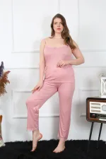 Moda Çizgi Kadın Büyük Beden Pudra İp Askılı Pijama Takım 202195