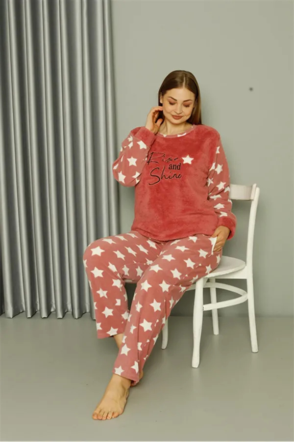 Moda Çizgi Welsoft Polar Kadın Büyük Beden Pudra Pijama Takımı 808042