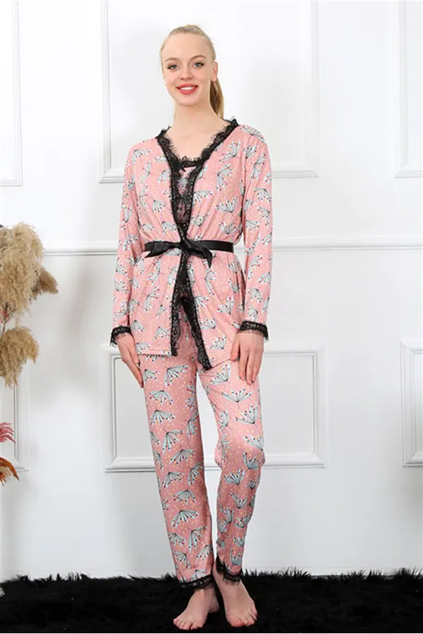 Moda Çizgi Kadın 3lü Somon Sabahlık Pijama Takım 16103