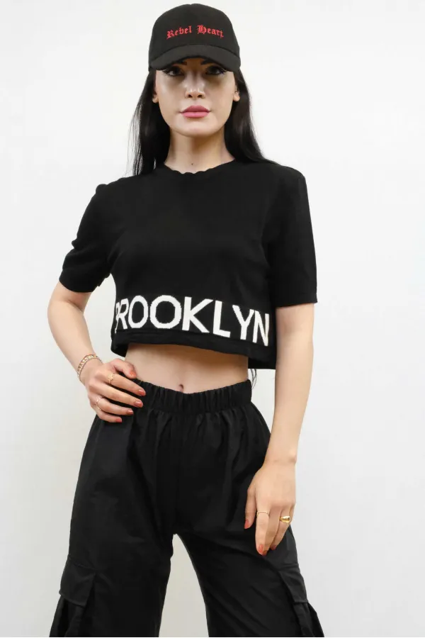 Moda Çizgi Triko Crop Siyah