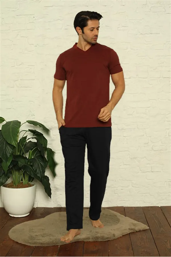 Moda Çizgi Erkek Bordo V Yaka 3lü Pijama Takım 6822