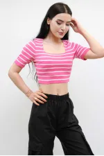 Moda Çizgi Triko Crop Çizgili Pembe