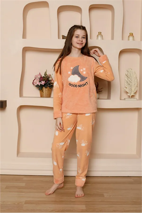 Moda Çizgi Kız Çocuk WelSoft Polar Turuncu Pijama Takımı 20526