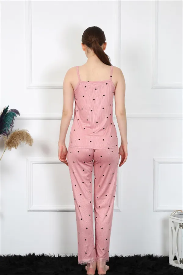 Moda Çizgi Kadın İp Askılı Somon Pijama Takım 4138