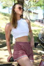 Moda Çizgi Şort Crop Bordo Takım 26550