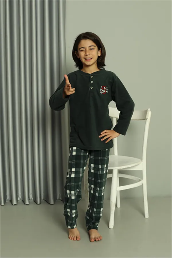 Moda Çizgi Erkek Çocuk WelSoft Polar Yeşil Pijama Takımı 20549