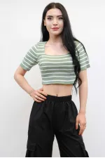 Moda Çizgi Triko Crop Çizgili Mint