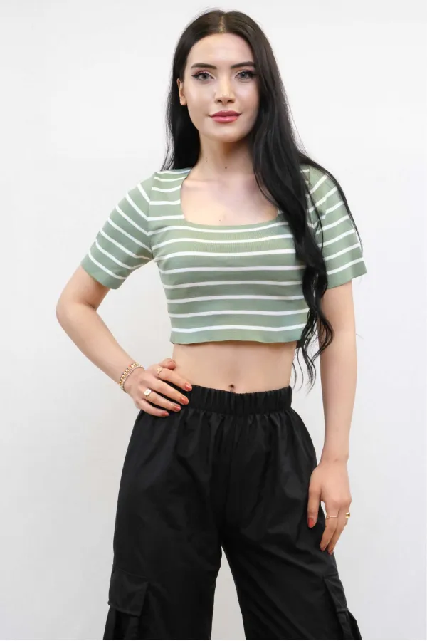 Moda Çizgi Triko Crop Çizgili Mint