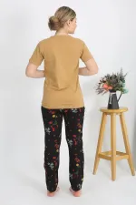 Moda Çizgi Kadın Kısa Kol Pamuk Penye Pijama Takım Hardal 4214