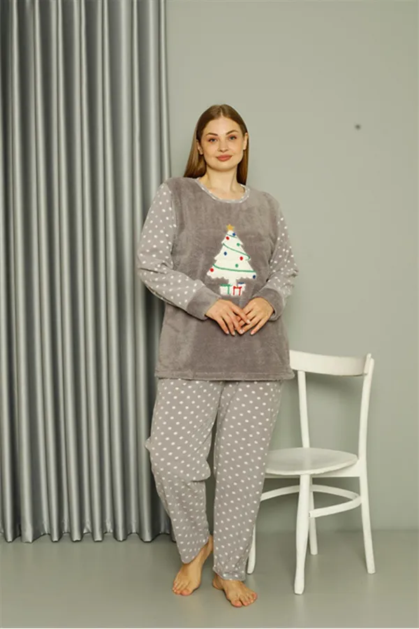 Moda Çizgi Welsoft Polar Kadın Büyük Beden Gri Pijama Takımı 808048